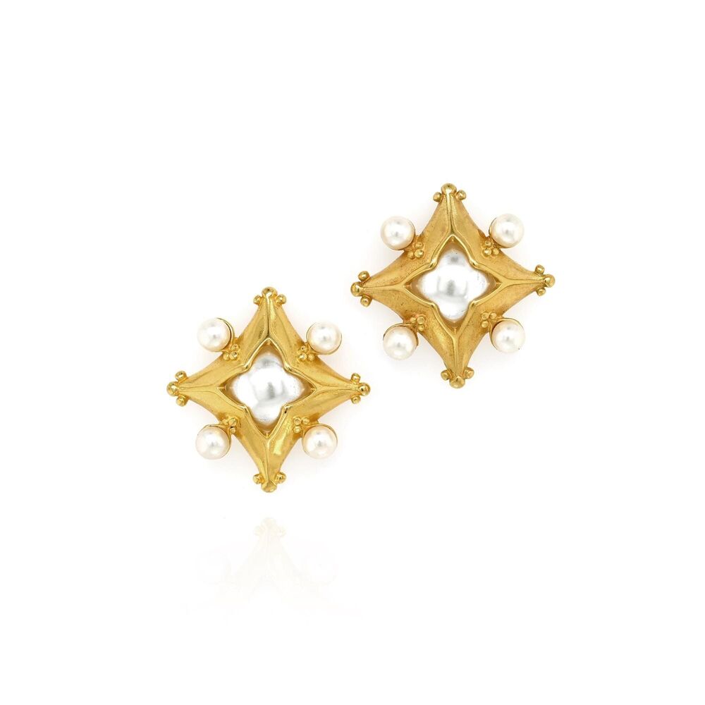 MMA Gold Tone Faux Pearl Statement Earrings | Museum of Modern Art Designer Clip